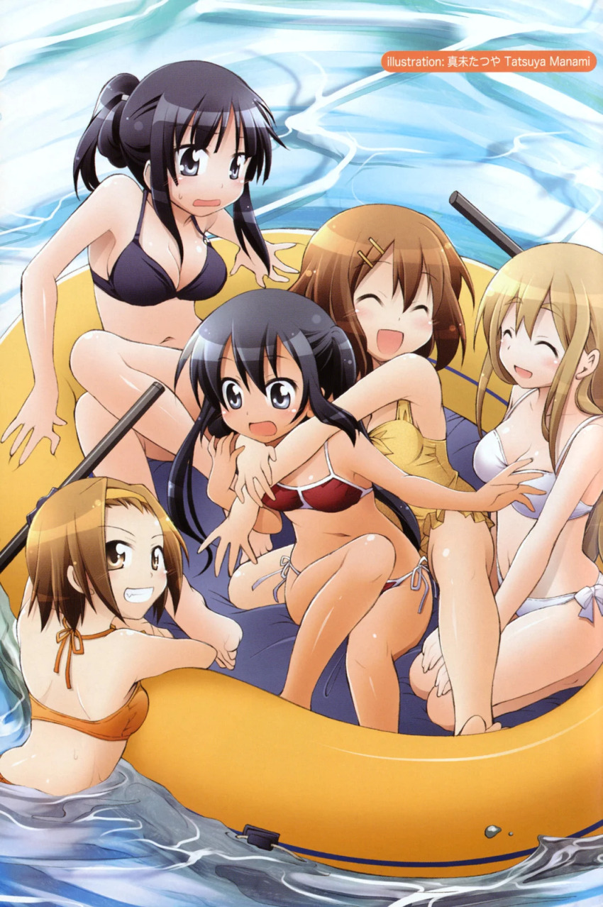 5girls akiyama_mio bare_arms bare_legs bare_shoulders bikini black_bikini black_eyes black_hair blonde_hair blush breasts brown_eyes brown_hair bushy_eyebrows closed_eyes collarbone day dot_nose feet_out_of_frame female_focus forehead hair_between_eyes hair_ornament hairclip happy headband hirasawa_yui holding hug k-on! kotobuki_tsumugi legs long_hair looking_at_viewer medium_breasts multiple_girls nakano_azusa navel oar open_mouth orange_bikini outdoors raft red_bikini short_hair small_breasts standing sweatdrop swimsuit tainaka_ritsu tan teeth thick_eyebrows twintails water wet white_bikini yellow_bikini yellow_headband