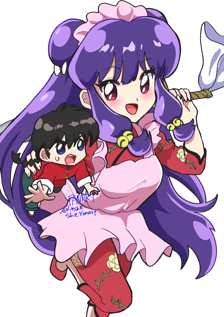 1boy 1girl absurdres apron artist_name black_hair blue_eyes blush bow braid braided_ponytail chibi chinese_clothes floral_print hair_bow highres long_hair maid_apron maid_headdress open_mouth pants purple_hair ranma_1/2 red_eyes red_footwear red_pants red_shirt saotome_ranma shampoo_(ranma_1/2) sheyona shirt smile sweatdrop white_bow