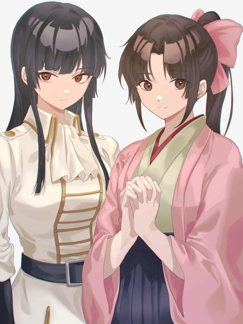 2girls absurdres belt black_hair blunt_bangs crate gintama hair_ornament high_ponytail highres hime_cut imai_nobume japanese_clothes kimono long_hair merukoodo military military_uniform multiple_girls own_hands_clasped own_hands_together ponytail red_eyes sidelocks tokugawa_soyo white_background wide_sleeves