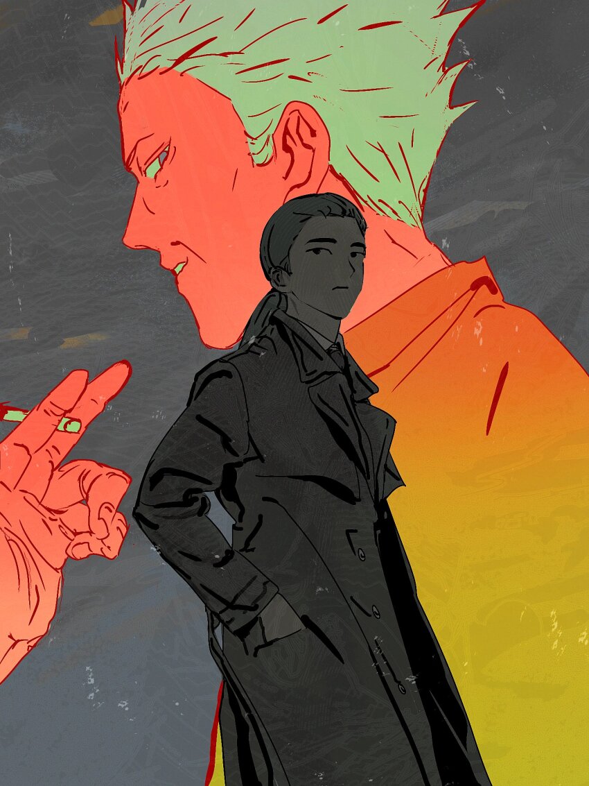 2boys an1th1ngnb cigarette closed_mouth coat commentary_request cowboy_shot expressionless gin_to_kin hair_slicked_back hand_in_pocket highres hirai_ginji holding holding_cigarette korean_commentary low_ponytail male_focus medium_hair morita_tetsuo multiple_boys necktie orange_theme overcoat ponytail short_hair upper_body