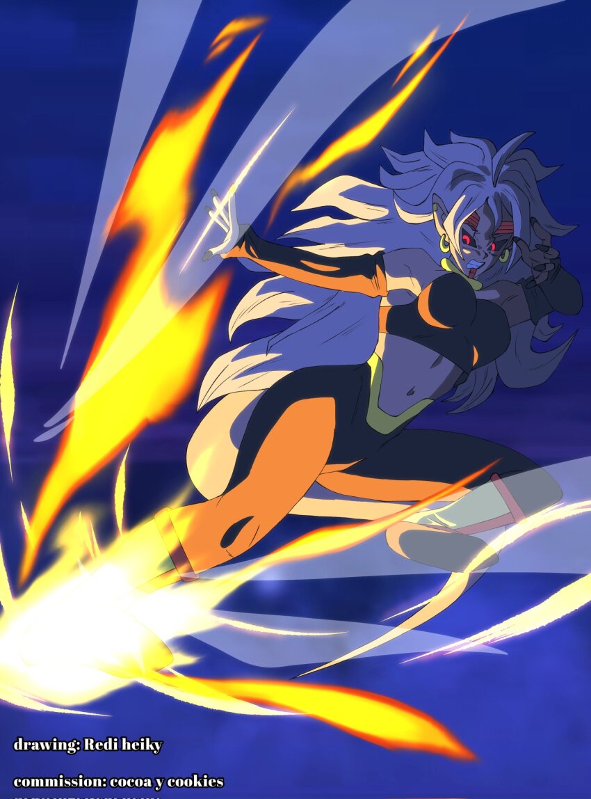 1girl alternate_color alternate_costume alternate_footwear android_21 angry artist_name baby_(dragon_ball) black_sclera breasts cleavage clenched_teeth colored_sclera commentary commission corruption dark_persona diving dragon_ball dragon_ball_fighterz dragon_ball_gt earrings english_commentary english_text facial_mark facial_tattoo fighting fire frown glowing highres jewelry kicking long_hair long_sleeves majin_android_21 midriff nail_polish pants parasite pointy_ears possessed possession red_eyes redi_heiky tail tattoo teeth toei_animation toei_company white_hair