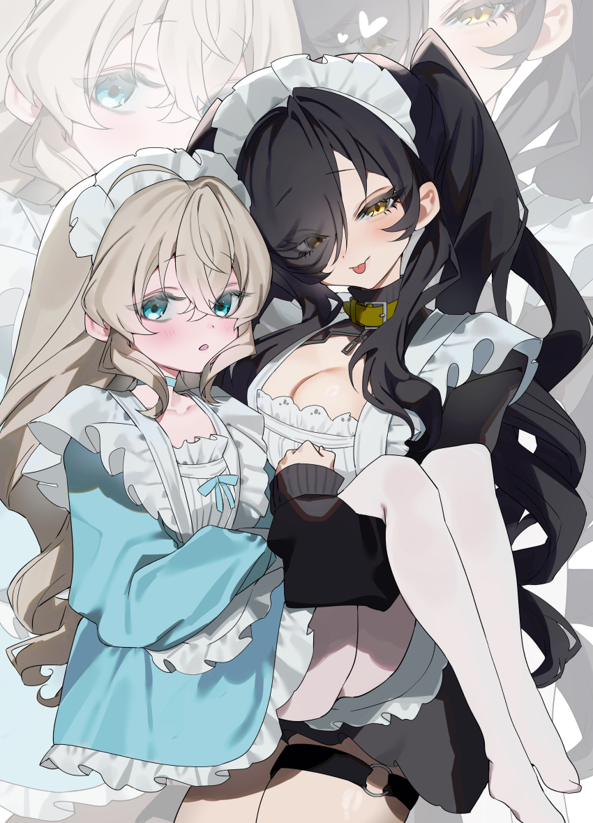 2girls :p absurdres ahoge animal_collar apron black_hair blue_dress blue_eyes blush breasts brown_hair carrying carrying_person cleavage cleavage_cutout closed_mouth clothing_cutout coat collar commentary_request crossed_bangs dress drill_hair flat_chest frilled_apron frilled_dress frills hair_over_one_eye heart highres kirimi_kiyoka kote1 large_breasts long_hair long_sleeves loosely_tucked_bangs maid_apron maid_headdress multiple_girls no_shoes o-ring o-ring_thigh_strap one_eye_covered original pantyhose parted_lips princess_carry quad_drills sendou_remon shiny_skin short_dress sleeves_past_wrists square_neckline thigh_strap tongue tongue_out turtleneck turtleneck_dress twintails white_apron white_dress white_pantyhose yellow_coat yellow_eyes yuri zoom_layer