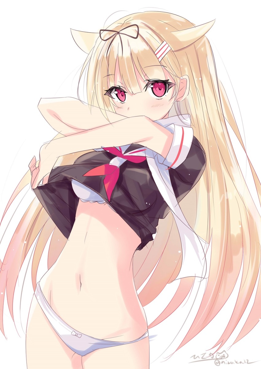 1girl black_ribbon black_shirt blonde_hair blush breasts gradient_background hair_between_eyes hair_flaps hair_ornament hair_ribbon hairclip highres hizaka kantai_collection large_breasts lifting_own_clothes long_hair looking_at_viewer navel neckerchief one-hour_drawing_challenge panties red_eyes red_neckerchief ribbon scarf school_uniform serafuku shirt short_sleeves simple_background solo underwear undressing white_background white_panties yuudachi_(kancolle) yuudachi_kai_ni_(kancolle)