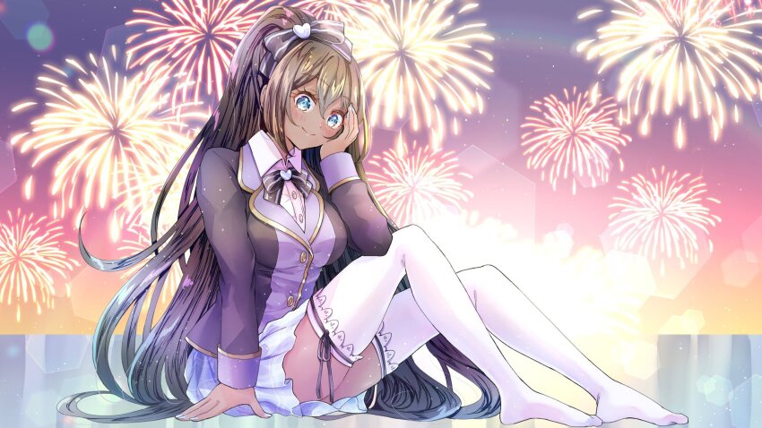1girl aerial_fireworks black_bow black_bowtie black_hair black_jacket blazer blue_eyes blue_nails bow bowtie breasts brooch buttons closed_mouth collared_shirt dark-skinned_female dark_skin eyelashes fireworks gold_trim hair_bow heart heart_brooch highres indie_virtual_youtuber jacket jewelry long_hair mihayuuno multicolored_jacket ponytail purple_jacket second-party_source shirt sitting sky smile solo striped_bow thighhighs trinity_infinity virtual_youtuber white_shirt white_thighhighs