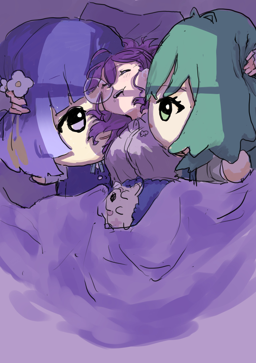 1girl absurdres character_doll chibigurumi doll gakuen_idolmaster hataya_misuzu highres hugging_doll hugging_object idolmaster izon_(wwuc2358) kaya_rinha lying nose_bubble on_back oversized_object purple_hair sketch sleeping solo stuffed_hedgehog tsukimura_temari under_covers