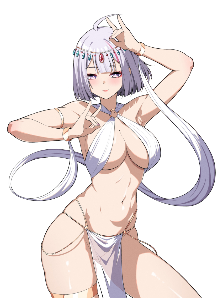 1girl absurdres arabian_clothes armpits arms_up bare_shoulders blush breasts bright_pupils cleavage commission dancer forehead_jewel gold_thighlet grey_eyes grey_hair highres large_breasts looking_at_viewer navel original pelvic_curtain pussy reia_76 shiny_skin short_hair simple_background smile stomach thighs third-party_edit third-party_extraction white_background white_pupils