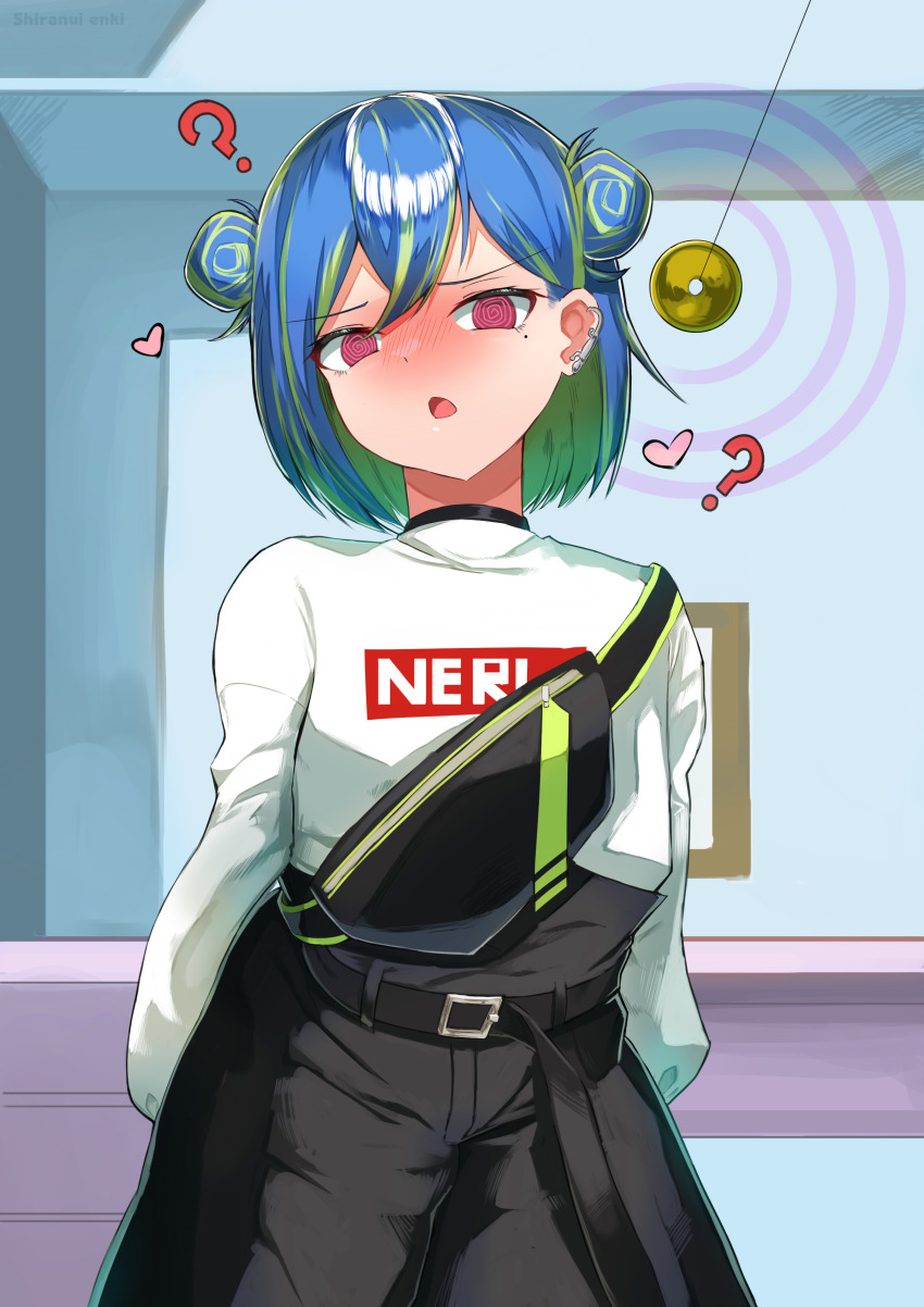 1girl ? @_@ absurdres arms_behind_back belt black_belt black_shorts blue_hair blush coin coin_on_string commentary_request cowboy_shot double_bun earclip green_hair hair_between_eyes hair_bun heart high-waist_shorts highres holed_coin hypnosis long_sleeves looking_at_viewer mind_control mole mole_under_eye multicolored_hair nanashi_inc. nose_blush official_alternate_costume open_mouth pendulum pink_eyes shiranui_enki short_hair shorts single_strap solo suzumi_nemo suzumi_nemo_(2nd_costume) sweater two-tone_hair virtual_youtuber white_sweater