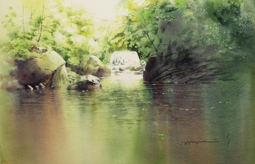 bush dappled_sunlight forest highres nature no_humans original outdoors painting_(medium) plant pond reflection reflective_water river riverbank scenery shimizu_megumi_(m_acquerello) sunlight traditional_media tree tree_shade water watercolor_(medium)