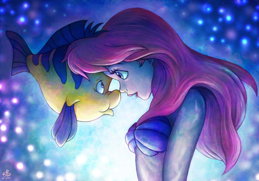 1girl absurdres ariel_(disney) artist_name bikini blue_eyes fish flounder_(the_little_mermaid) from_side highres long_hair open_mouth red_hair ry-spirit shell shell_bikini the_little_mermaid_(disney) underwater watermark