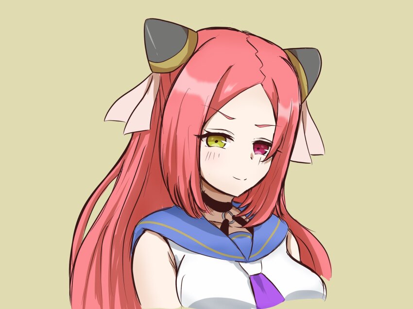 &gt;:) 1girl arms_at_sides assault_lily black_choker blue_sailor_collar blush breasts choker closed_mouth commentary cropped_torso hairpods heterochromia highres long_hair medium_breasts nukenin_(maato) o-ring o-ring_choker odaiba_girls_high_school_uniform parted_bangs pink_eyes red_hair sailor_collar school_uniform serafuku shiba_tomoshibi shirt simple_background sleeveless sleeveless_shirt smile upper_body v-shaped_eyebrows white_shirt yellow_background yellow_eyes