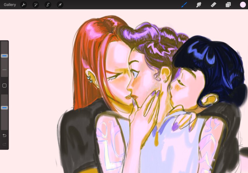 3girls angry bare_shoulders black_hair black_shirt blunt_bangs body_markings braid brown_background brown_eyes closed_eyes closed_mouth demon_girl ear_piercing from_side group_sex hair_up hand_on_another&#039;s_cheek hand_on_another&#039;s_face hand_on_another&#039;s_shoulder highres imminent_kiss incoming_kiss kiss kissing_neck kpop_demon_hunters leaning_on_person leaning_to_the_side long_hair mira_(kpop_demon_hunters) multiple_girls parted_bangs parted_lips piercing purple_hair purple_nails red_hair rumi_(kpop_demon_hunters) shirt short_sleeves sillygal3211 simple_background single_braid sleeveless spanish_commentary standing tan threesome unfinished upper_body wide-eyed yuri zoey_(kpop_demon_hunters)