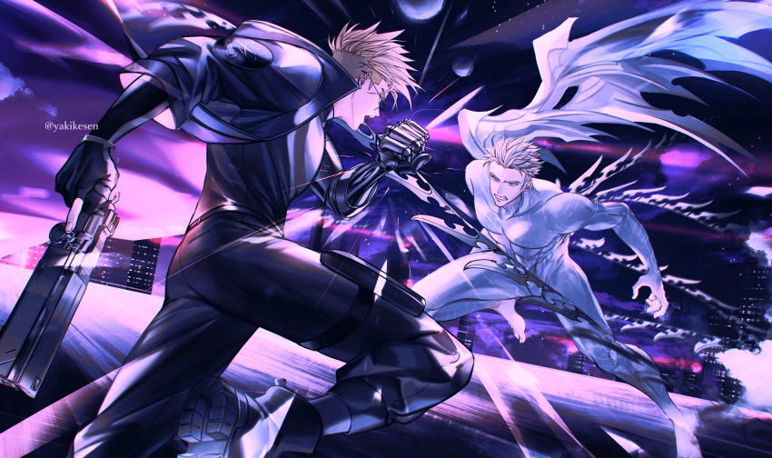 2boys absurdres black_jacket boots brothers city clenched_hand clenched_teeth fighting glasses gun highres holding holding_gun holding_weapon jacket male_focus millions_knives multiple_boys outdoors pants pectorals prosthesis prosthetic_arm siblings teeth trigun trigun_stampede undercut vash_the_stampede weapon yakikesen