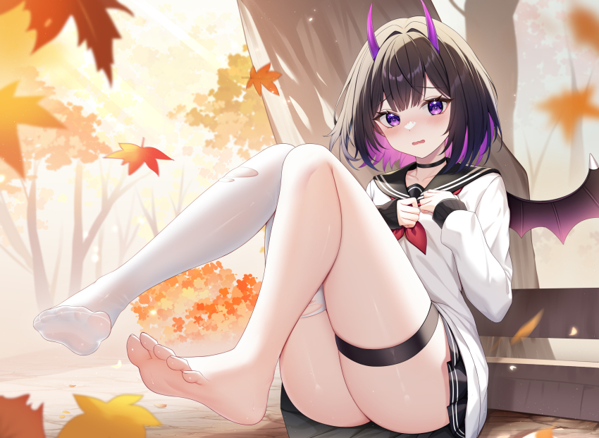 1girl absurdres ass asymmetrical_legwear autumn autumn_leaves barefoot bencao_gangmu_(anquan_sy) black_hair black_sailor_collar black_skirt black_wings blush brown_hair choppy_bangs clenched_hands collarbone colored_inner_hair commentary_request day double-parted_bangs falling_leaves feet forest full_body hair_intakes hands_on_own_chest highres horns knees_up leaf legs light_rays long_sleeves looking_at_viewer maple_leaf medium_hair miniskirt multicolored_hair nature neckerchief no_shoes original outdoors parted_lips pleated_skirt purple_eyes purple_hair purple_horns raised_inner_eyebrows red_neckerchief sailor_collar school_uniform serafuku shirt sitting skirt solo sunbeam sunlight thigh_strap thighhighs toenails toes torn_clothes torn_thighhighs tree wavy_mouth white_shirt white_thighhighs wings