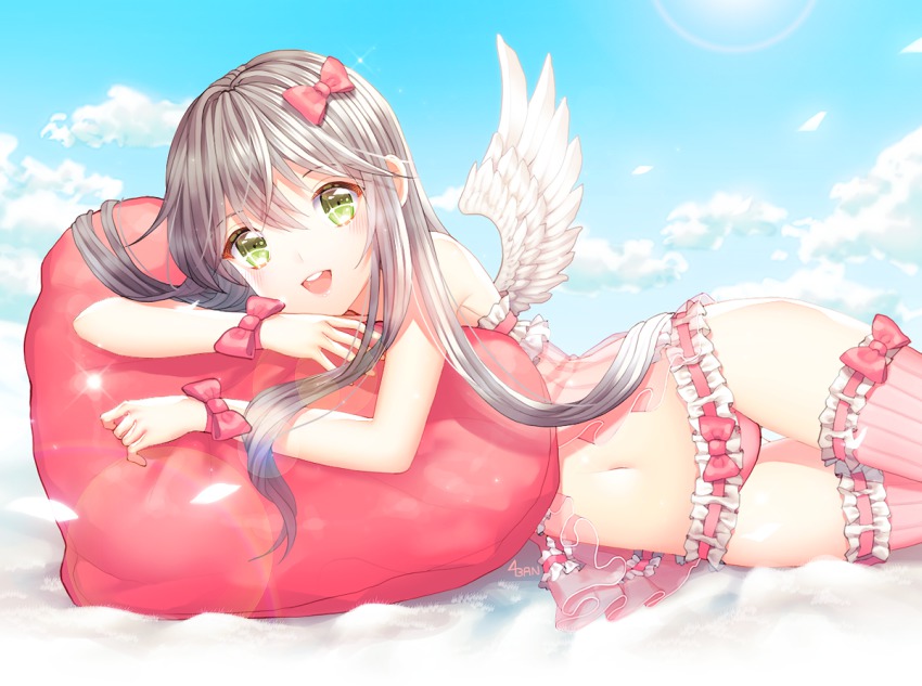 1girl babydoll bare_shoulders brown_hair cloud day female_focus gradient_background green_eyes hair_ribbon heart long_hair lying navel on_side original panties pillow ribbon saban sky smile solo underwear wings
