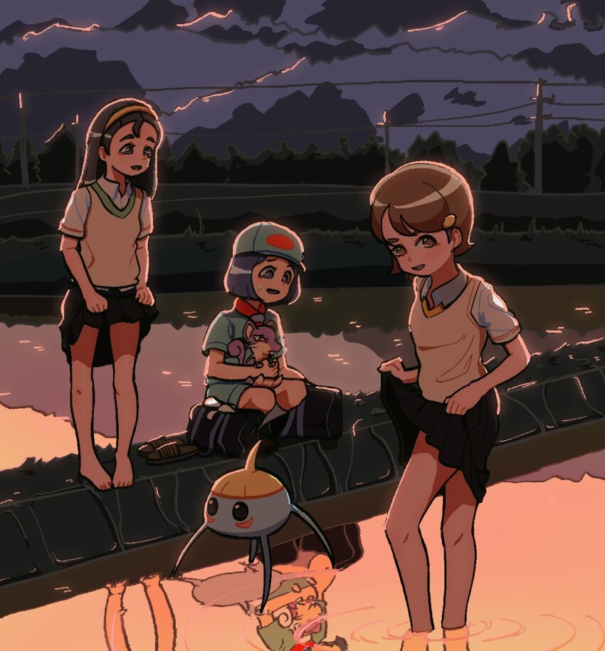 2049_(hh5566) 3girls barefoot breasts child clothes_lift feet feet_in_water female_focus flat_chest full_body gen_1_pokemon gen_3_pokemon hair_ornament happy highres legs long_hair looking_at_another looking_at_viewer medium_hair mountainous_horizon multiple_girls nervous nintendo npc_trainer outdoors picnicker_(pokemon) pigeon-toed pokemon pokemon_oras rattata school_uniform shy skirt skirt_lift sky small_breasts squatting sunset surskit sweat teammates_(pokemon) toes wading