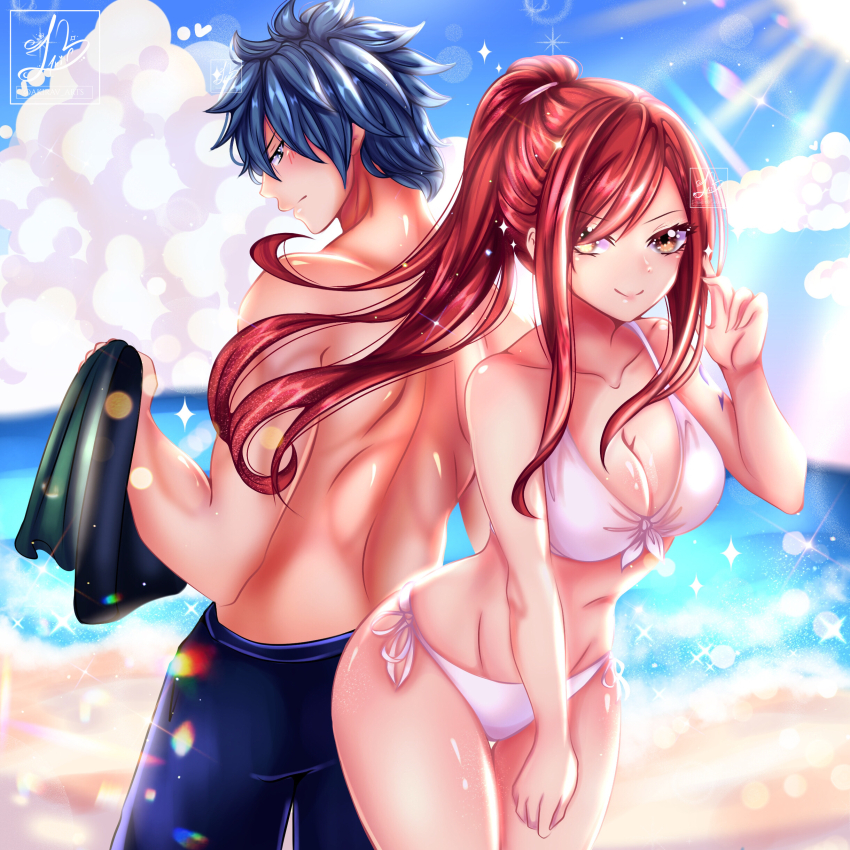 1boy 1girl absurdres bikini blue_hair breasts erza_scarlet fairy_tail highres jellal_fernandes large_breasts red_hair swimsuit