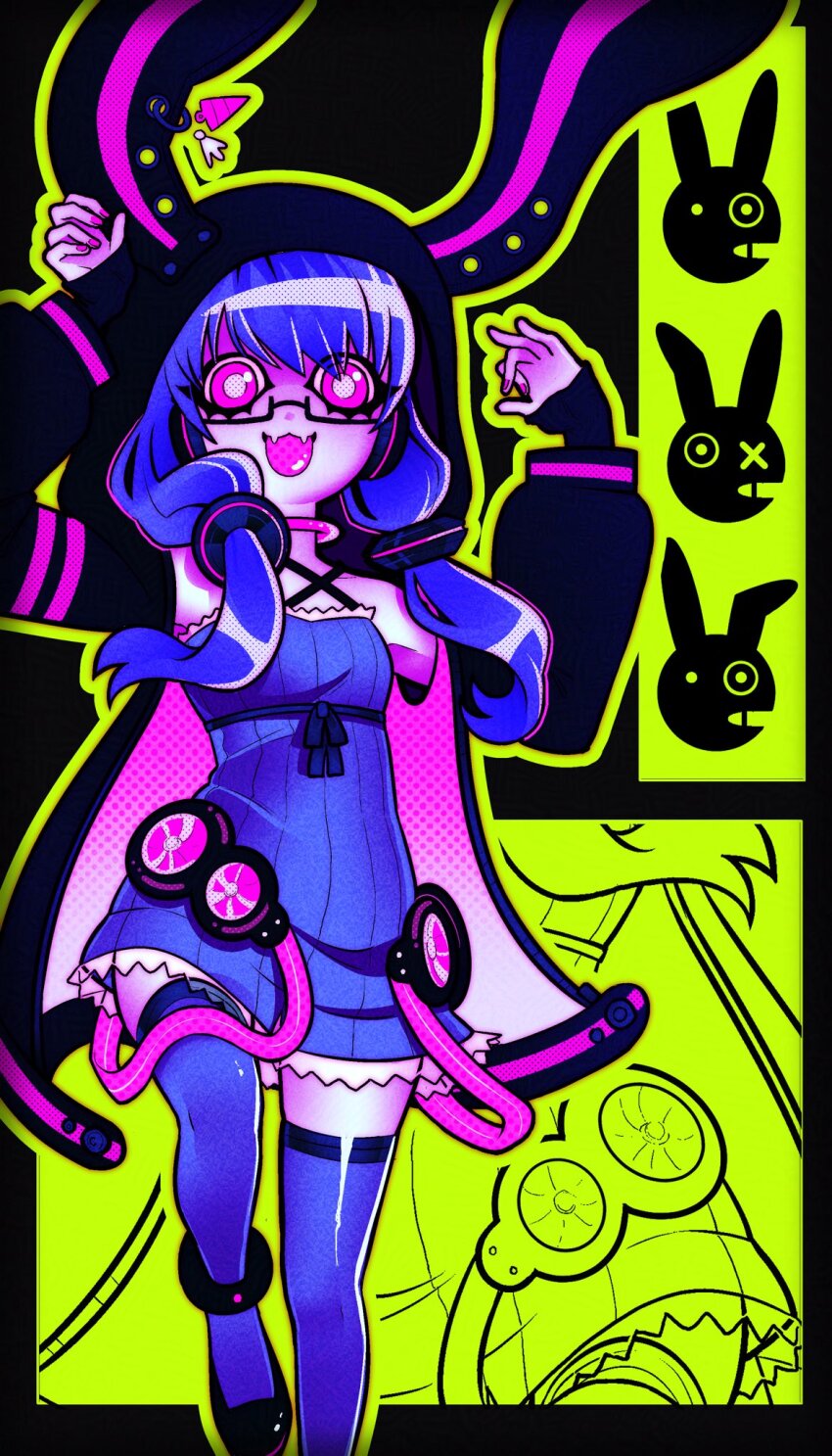 1girl animal_hood black_jacket black_shoes bright_pupils dress ear_piercing eerieelixir fang frilled_dress frills hair_ornament high_heels highres hood hood_up hooded_jacket jacket long_sleeves looking_at_viewer lower_eyelashes_only open_clothes open_mouth piercing pumps purple_dress purple_eyes purple_hair purple_nails purple_thighhighs rabbit_hood shoes short_hair_with_long_locks sidelocks skin_fang sleeveless sleeveless_dress smile solo standing standing_on_one_leg thighhighs vocaloid voiceroid white_pupils yuzuki_yukari zettai_ryouiki