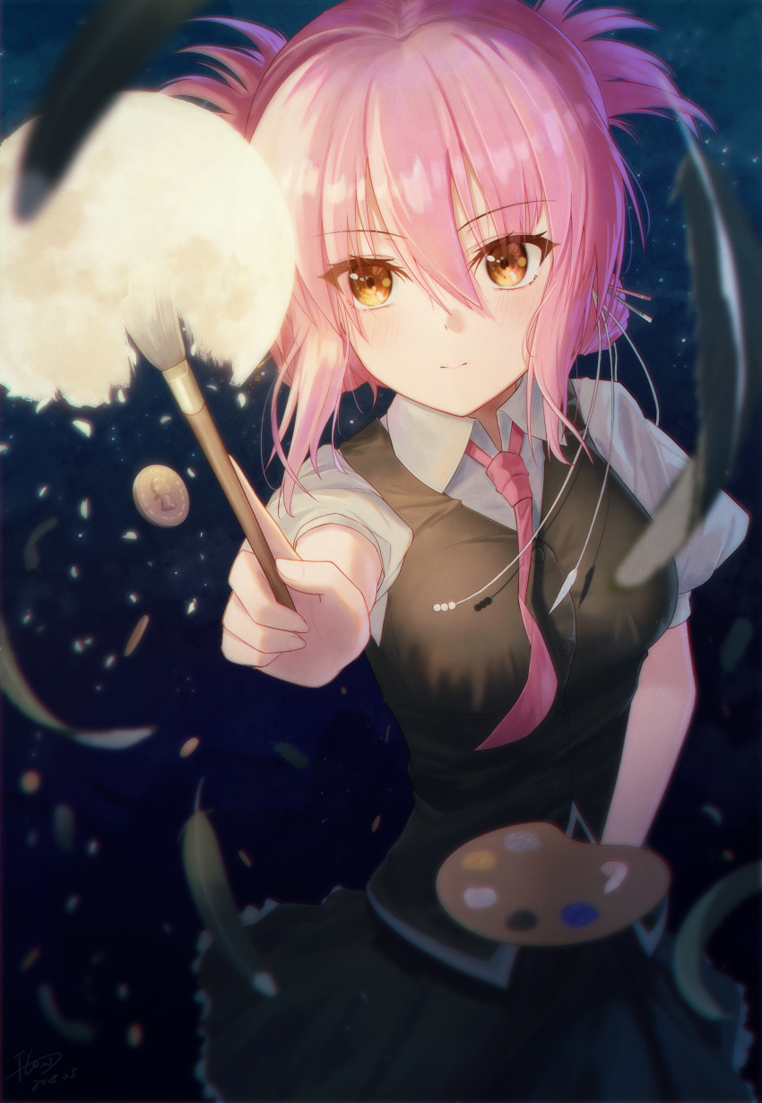 1girl absurdres black_skirt black_vest blurry blurry_edges brown_eyes coin collared_shirt dark depth_of_field double_bun falling_feathers feathers flowingcrescent hair_between_eyes hair_bun highres holding holding_paintbrush light_particles light_smile looking_at_viewer moon necktie paint_palette paintbrush pink_hair sakura_no_uta school_uniform shirt short_hair short_sleeves skirt solo toritani_makoto vest white_shirt