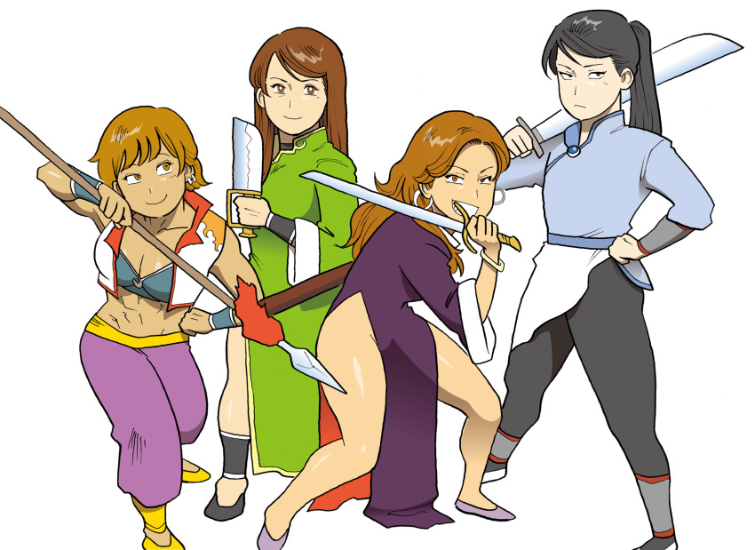 4girls black_eyes black_hair brown_eyes brown_hair cao_li china_dress chinese_clothes dagger dao_(weapon) dress earrings fighting_stance guan_cai-he highres hu_di_dao_(weapon) jewelry knife liu_mei-xing long_hair looking_at_viewer multiple_girls muscular muscular_female nappii_(nappy_happy) no_panties original pants pelvic_curtain polearm ponytail qiang_(weapon) shiny_skin short_hair short_sword side_slit simple_background slippers smile spear sword thick_thighs thighs vest weapon white_background zhang_yan-hua