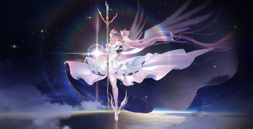 1girl absurdres ankle_wings bow_(weapon) dress female_focus gloves highres holding holding_bow_(weapon) holding_weapon kaname_madoka lumy_(chenlusi321) mahou_shoujo_madoka_magica mahou_shoujo_madoka_magica_(anime) pink_hair pink_thighhighs sky solo star_(sky) starry_sky tagme thighhighs two_side_up ultimate_madoka weapon white_dress white_gloves wings yellow_eyes