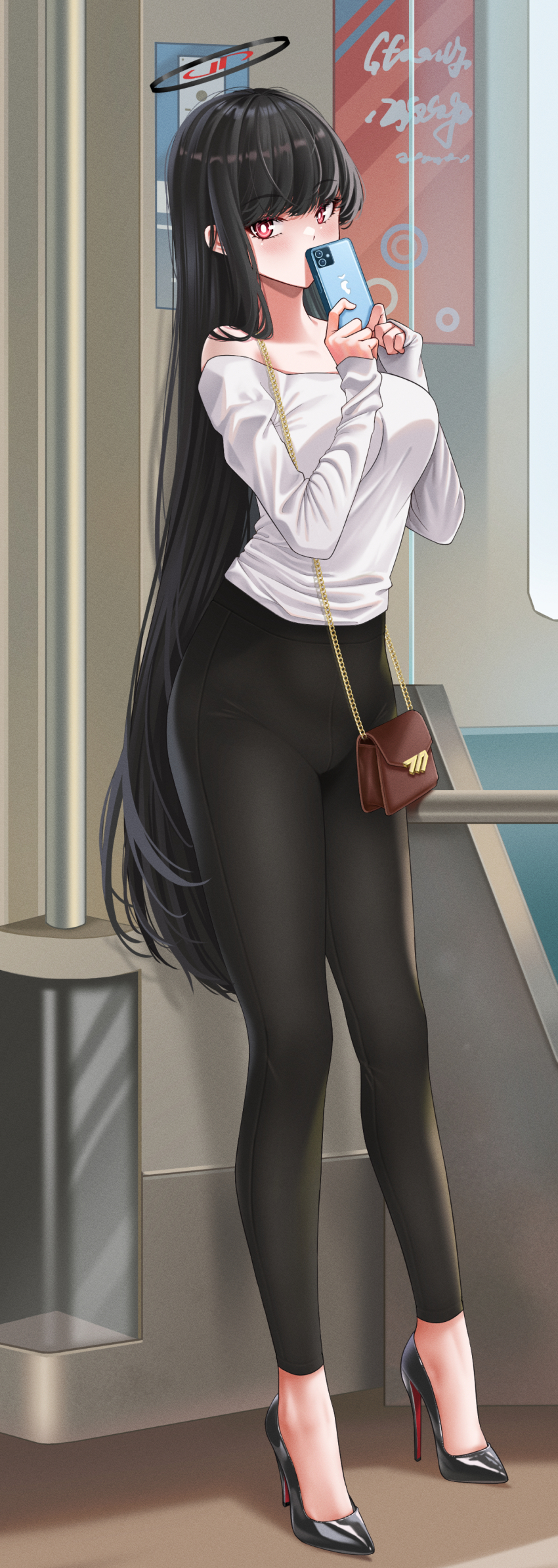 1girl absurdres bag bare_shoulders black_hair black_shoes blue_archive blush breasts cellphone chenyuki chinese_commentary christian_louboutin_(brand) commentary_request halo handbag high_heels highres holding holding_phone large_breasts long_hair looking_at_viewer louboutins off_shoulder patent_heels phone pumps red_eyes red_soles ringed_eyes rio_(blue_archive) shoes smartphone solo stiletto_heels train_interior very_long_hair