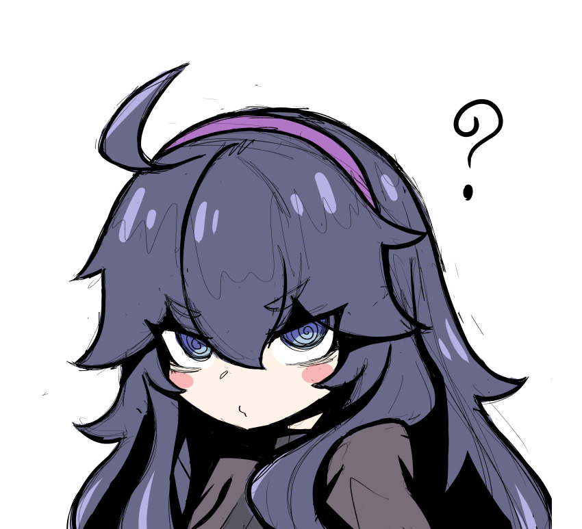 1girl ? @_@ absurdres black_hair blue_eyes blush_stickers cowl deburi276 grey_background hair_between_eyes hairband hex_maniac_(pokemon) highres long_hair looking_at_viewer nintendo pokemon pokemon_xy puckered_lips purple_hairband simple_background solo upper_body