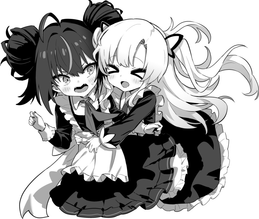 &gt;_&lt; 2girls :d azur_lane azur_lane:_slow_ahead black_dress black_nails double_bun dress fangs frilled_dress frills greyscale hair_bun highres hori_(hori_no_su) hug hug_from_behind huge_hair_bun long_hair monochrome multiple_girls nail_(hardware) neckerchief official_alternate_costume official_art ognevoy_(azur_lane) open_mouth school_uniform smile soviet_school_uniform surprised svirepy_(azur_lane) sweatdrop xd