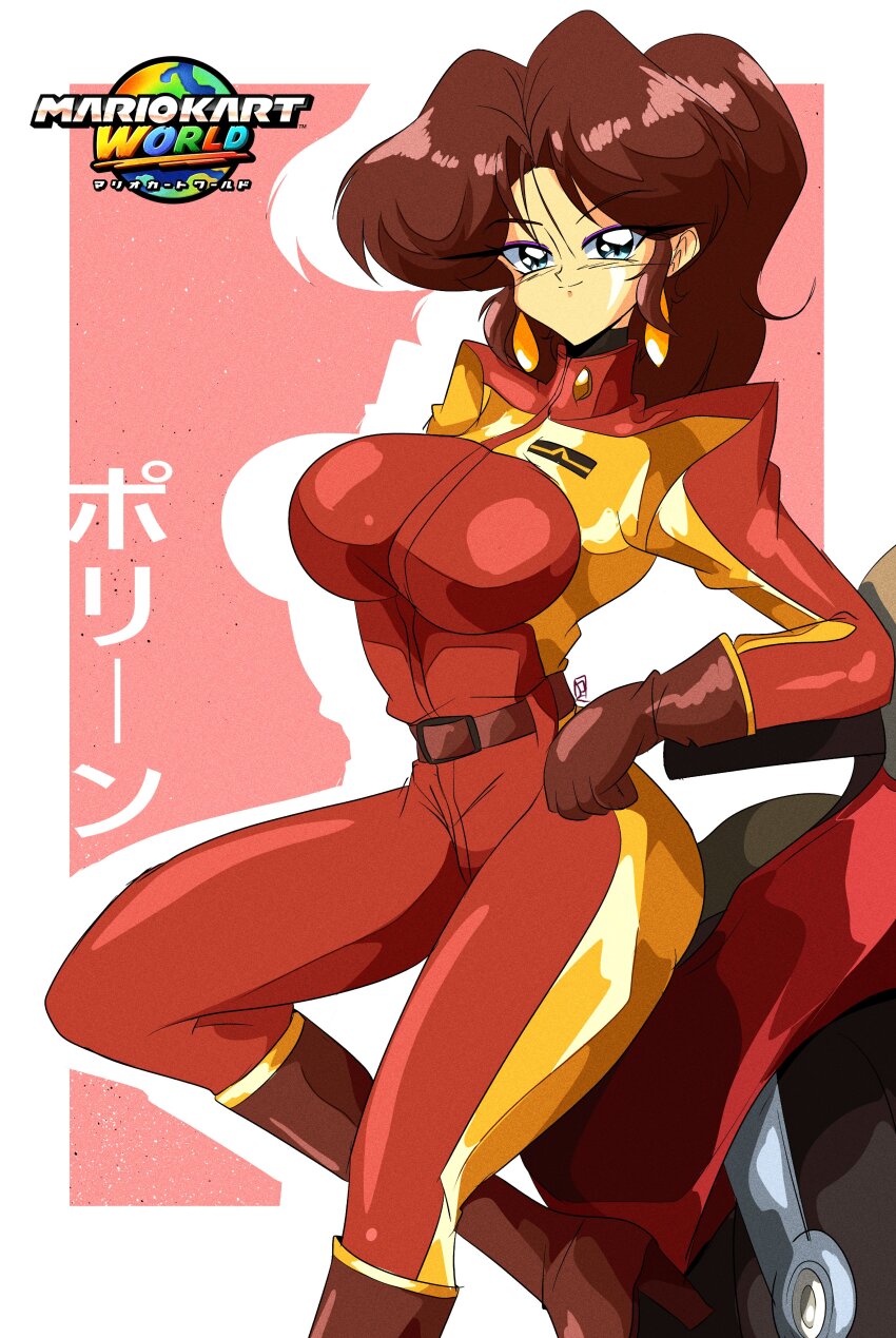 1990s_(style) 1girl 2025 absurdres belt biker_clothes blue_eyes bodysuit boots breasts brown_hair character_name commentary curvy earrings english_commentary eyeshadow feet_out_of_frame female_focus gloves highres japanese_text jewelry large_breasts leaning_on_object logo looking_at_viewer mario_(series) mario_kart mario_kart_world motor_vehicle motorcycle nintendo official_alternate_costume outline parted_bangs pauline_(mario) pauline_(mario)_(aero) peachyboi pink_background purple_eyeshadow red_bodysuit red_gloves retro_artstyle simple_background smile solo thick_thighs thigh_boots thighs title turtleneck yellow_trim