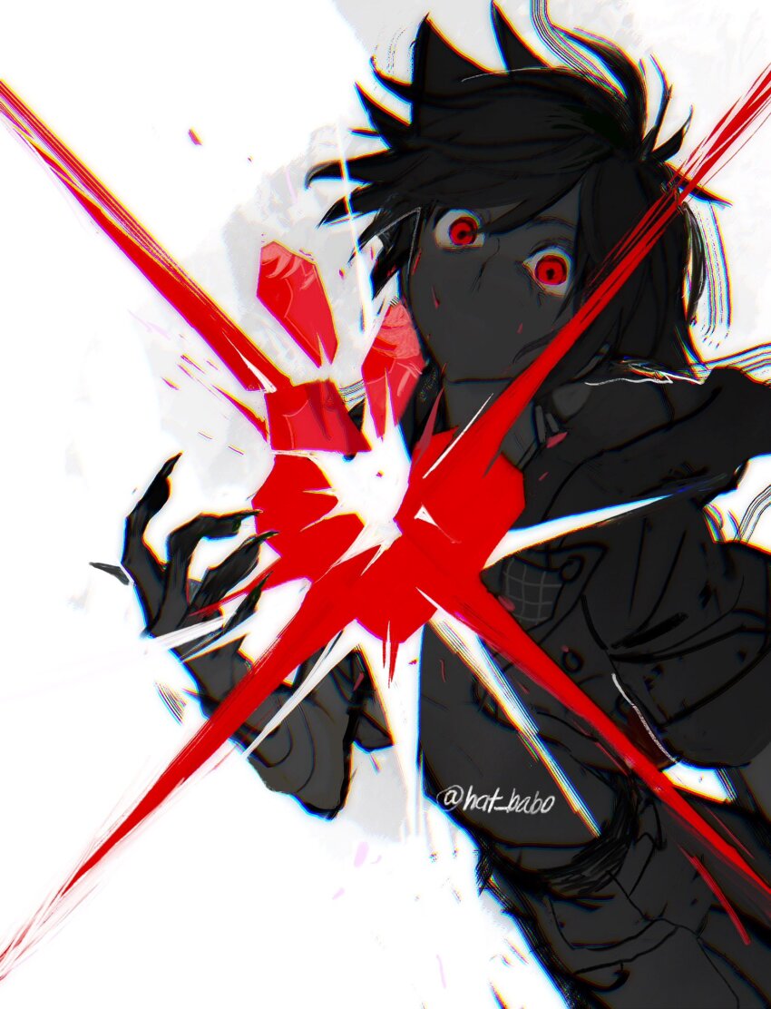 1boy black_hair broken_heart clawed_hands commentary english_commentary hat_babo heart highres kingdom_hearts kingdom_hearts_iii limited_palette looking_at_viewer male_focus no_mouth pants red_eyes red_theme sora_(kingdom_hearts) symbolism twitter_username upper_body white_background wide-eyed