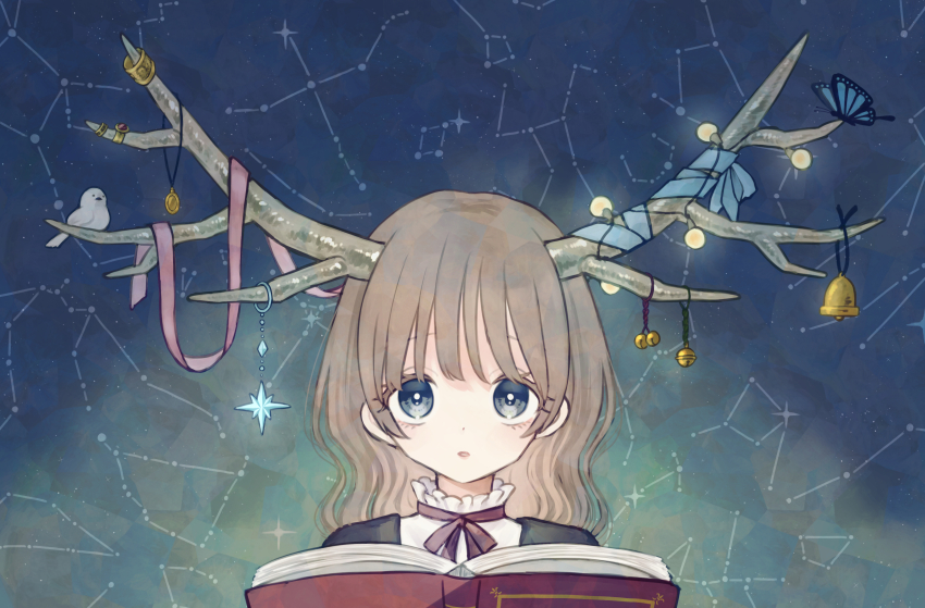 1girl absurdres antler_ornament antlers aquarius_(constellation) bell bird blue_butterfly book brown_hair bug butterfly capricorn_(constellation) constellation eyelashes highres holding holding_book horns insect jewelry jingle_bell kouichi383 libra_(constellation) long_hair looking_at_viewer necklace open_book open_mouth original scorpius_(constellation) solo straight-on string_of_light_bulbs upper_body virgo_(constellation) white_bird