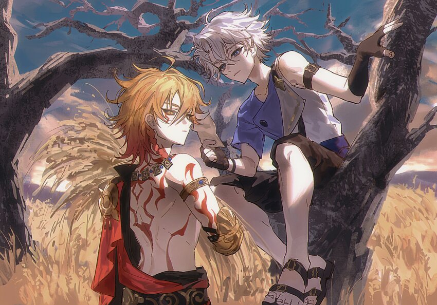 2boys aged_down antenna_hair arm_tattoo armband armlet armor asymmetrical_sleeves back_tattoo bare_tree black_coat black_gloves black_shorts blonde_hair braid clawed_gauntlets coat commentary english_commentary fingerless_gloves gloves gold_necklace gradient_hair grey_shirt hadanugi_dousa hair_between_eyes highres honkai:_star_rail honkai_(series) jewelry male_focus medium_hair multicolored_hair multiple_boys mydei_(honkai:_star_rail) necklace on_tree open_clothes open_coat open_kimono parted_bangs pauldrons phaideidei phainon_(a_dream_scented_in_wheat)_(honkai:_star_rail) phainon_(honkai:_star_rail) red_hair red_tattoo shirt short_hair shorts shoulder_armor side_braid single_pauldron tattoo tree wheat_field white_hair yellow_eyes
