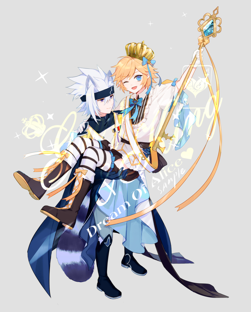 2boys ;d absurdres alternate_costume animal_ears aotu_world bishounen blonde_hair blue_eyes boots bow carrying cat_boy cat_ears cat_tail crown english_text full_body gloves grey_(aotu_world) grey_background headband highres holding holding_staff kelme kemonomimi_mode king_(aotu_world) looking_at_viewer male_focus mini_crown multiple_boys one_eye_closed open_mouth princess_carry purple_eyes ribbon sample_watermark short_hair shorts smile sparkle staff tail thighhighs watermark white_hair yaoi