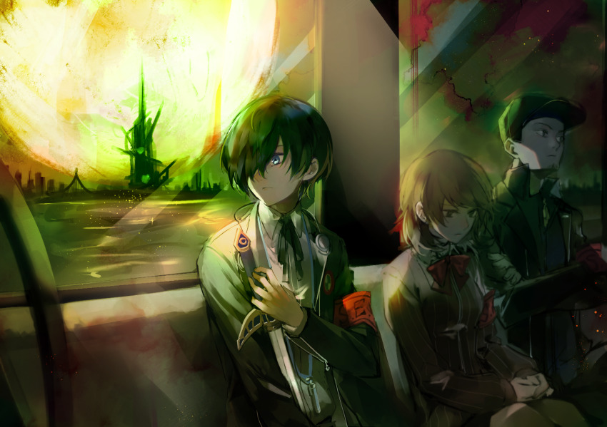 1girl 2boys armband baseball_cap beard black_hair black_headwear black_jacket black_ribbon blue_eyes bow bowtie brown_hair closed_mouth collared_shirt dress_shirt facial_hair gekkoukan_high_school_uniform hair_over_one_eye hat holding holding_sword holding_weapon iori_junpei jacket long_sleeves looking_down looking_to_the_side lor_(roasyerizyonirapi) multiple_boys neck_ribbon open_clothes open_jacket persona persona_3 pink_shirt red_bow red_bowtie ribbon school_uniform shirt short_hair sitting striped_clothes striped_shirt sword takeba_yukari tartarus train_interior vertical-striped_clothes vertical-striped_shirt weapon white_shirt wing_collar yuuki_makoto_(persona_3)