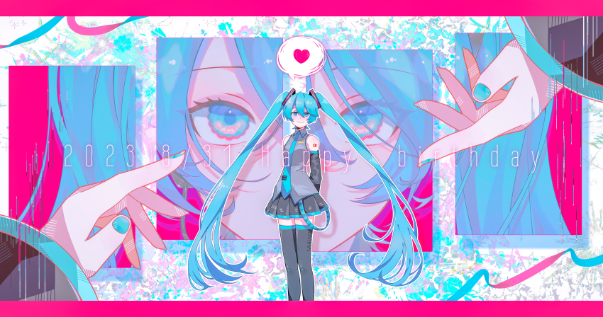 1girl abstract_background absurdres aqua_eyes arms_behind_back bare_shoulders belt black_footwear black_skirt black_sleeves blue_belt blue_eyes blue_hair blue_nails blue_necktie blue_theme boots chromatic_aberration close-up closed_mouth collared_shirt dated detached_sleeves dot_nose eye_focus eyelashes eyes_visible_through_hair feet_out_of_frame fingernails glint glitch grey_shirt hair_between_eyes hand_focus hands_up happy_birthday hatsune_miku headset heart highres kazuse616 letterboxed limited_palette long_hair looking_at_viewer loose_belt multicolored_eyes necktie number_tattoo orange_eyes pink_background pink_theme pleated_skirt red_eyes shadow shirt shoulder_tattoo sidelocks simple_background skirt sleeveless sleeveless_shirt smile solo_focus sparkle speech_bubble splatter_background spoken_heart standing streamers tattoo thigh_boots thighhighs tie_clip tsurime twintails upper_body very_long_hair vocaloid white_background wide_sleeves zettai_ryouiki