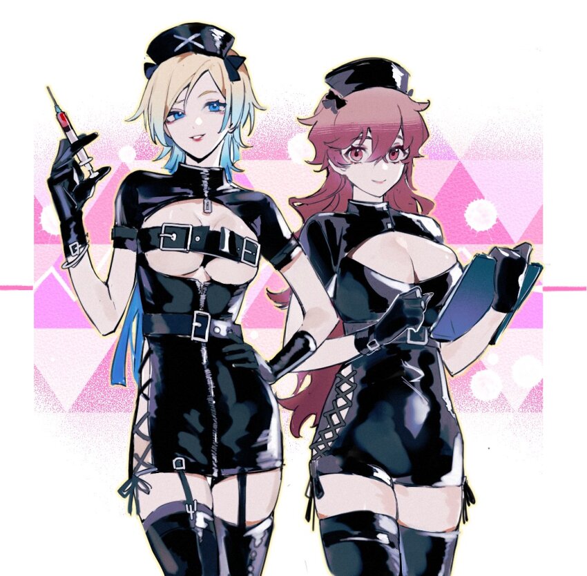 2girls alexis_ness belt_bra black_dress black_gloves black_headwear black_leggings blonde_hair blue_eyes blue_hair blue_lock breasts cleavage_cutout clipboard closed_mouth clothing_cutout cowboy_shot dress garter_straps genderswap genderswap_(mtf) gloves gradient_hair hand_on_own_hip hand_up hat holding holding_clipboard holding_syringe leggings long_hair medium_breasts michael_kaiser multicolored_hair multiple_girls red_eyes red_hair shizuka000217 short_dress short_sleeves smile standing syringe two-tone_hair white_background