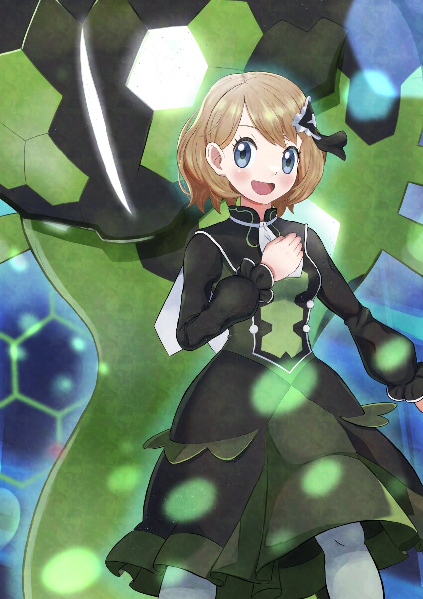 1girl absurdres ascot dosya_252 dress gen_6_pokemon grey_eyes hand_on_own_chest highres honeycomb_(pattern) honeycomb_background legendary_pokemon light_brown_hair looking_at_viewer nintendo official_alternate_costume pantyhose pokemon pokemon_(creature) pokemon_masters_ex serena_(pokemon) serena_(sygna_suit)_(pokemon) short_hair smile zygarde zygarde_(50%)