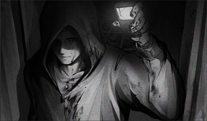 1boy arm_up black_eyes black_hair blood blood_on_clothes blood_on_face cracked_screen cry_of_fear doorway from_above glowing grey_hoodie greyscale highres holding holding_phone hood hood_up hoodie male_focus monochrome partially_shaded_face phone short_hair simon_henriksson solo thonny222 tile_floor tiles walking