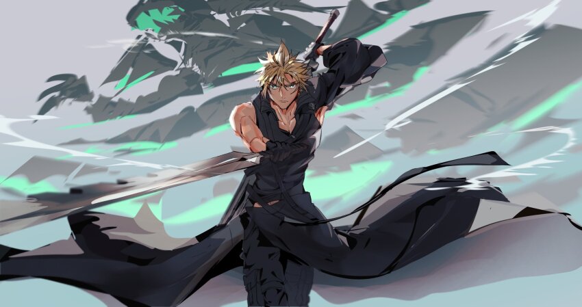 1boy apron arm_up black_apron black_gloves black_pants black_shirt blonde_hair blue_eyes closed_mouth cloud_strife collarbone commentary cowboy_shot fighting_stance final_fantasy final_fantasy_vii final_fantasy_vii_advent_children gloves highres holding holding_sword holding_weapon looking_at_viewer male_focus pants shio_ga shirt short_hair single_bare_shoulder sleeveless sleeveless_shirt solo spiked_hair sword symbol-only_commentary toned toned_male waist_apron weapon