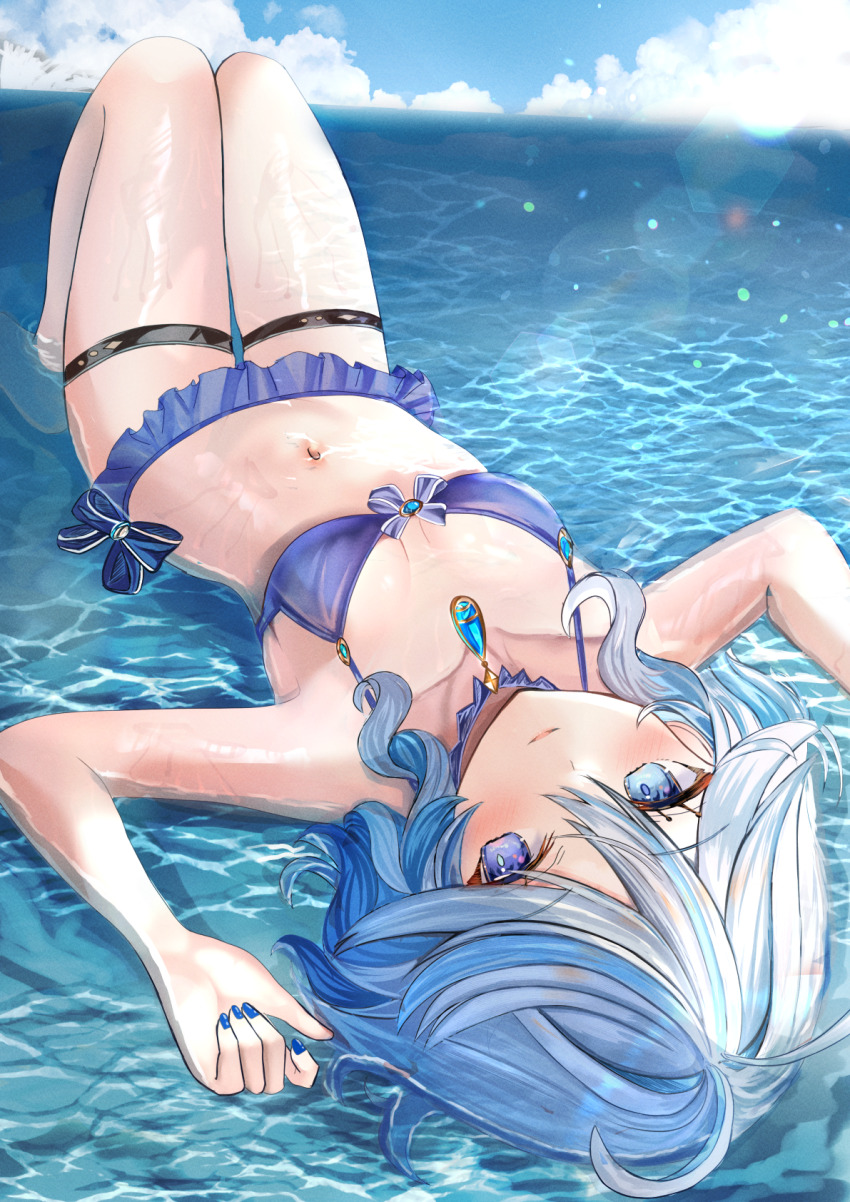1girl ahoge bikini blue_bikini blue_eyes blue_gemstone blue_hair blue_nails blue_pupils blue_sky blush breasts cloud collarbone day fingernails furina_(genshin_impact) gem genshin_impact hair_between_eyes heterochromia highres looking_at_viewer lying medium_breasts medium_hair mitsu336 multicolored_hair nail_polish navel on_back outdoors parted_lips partially_submerged sky solo stomach streaked_hair swimsuit teardrop-shaped_gem thigh_strap water white_hair