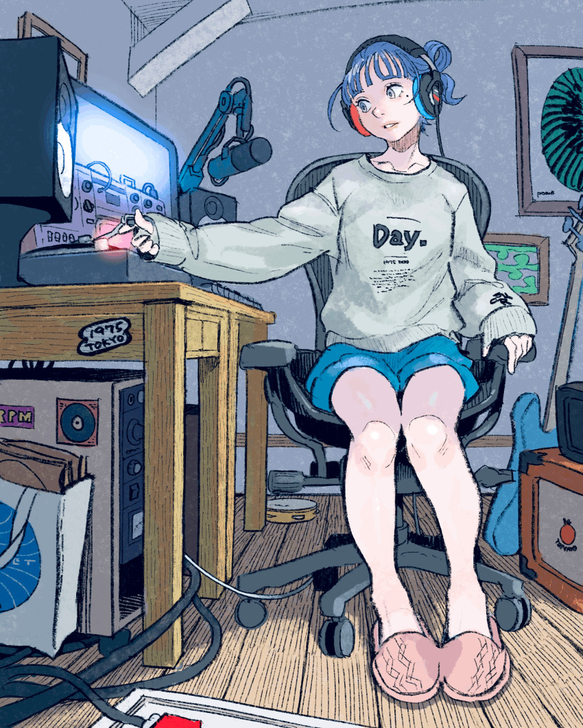 1girl absurdres bag blue_shorts cable chair choppy_bangs commentary desk electric_guitar english_commentary floor folded_ponytail guitar headphones highres instrument lips long_sleeves microphone mixed-language_commentary mixing_console mole mole_under_eye monitor office_chair original parted_lips phonograph pomodorosa purple_hair shorts sitting sleeves_past_wrists slippers solo speaker studio_microphone swivel_chair tambourine wooden_floor