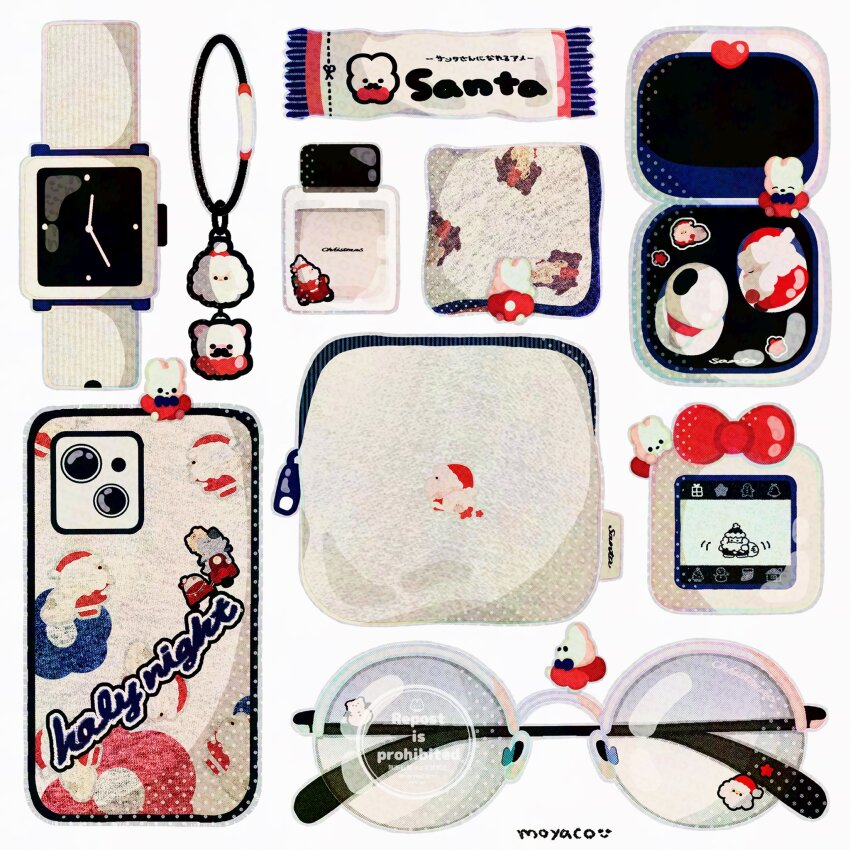 airpods artist_name bottle bow cellphone cellphone_charm charm_(object) christmas commentary creature earbuds earbuds_charging_case earphones english_text food_wrapper hat highres moyaco no_humans original phone pouch santa_claus santa_hat signature simple_background smartphone solid_circle_eyes solid_eyes sunglasses symbol-only_commentary tamagotchi_(virtual_pet) watch white_background white_theme wireless_earphones wristwatch