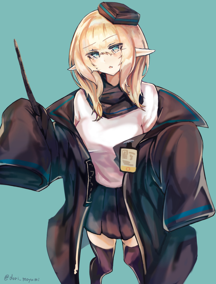 1girl arknights black_coat black_hat black_skirt black_thighhighs blonde_hair blue_background blue_eyes breasts chestnut_mouth coat commentary durin_(arknights) expressionless feet_out_of_frame garrison_cap hat highres holding holding_wand id_card long_sleeves looking_at_viewer moyumidori open_clothes open_mouth pleated_skirt pointy_ears shirt sidelocks simple_background skirt sleeves_past_fingers sleeves_past_wrists solo thighhighs twitter_username wand white_shirt