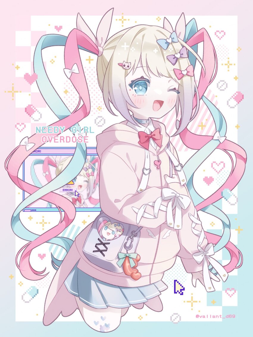1girl ;d blonde_hair blue_bow blue_eyes blue_hair blue_skirt border bow cat_hair_ornament chouzetsusaikawa_tenshi-chan chouzetsusaikawa_tenshi-chan_(needy_girl_overdose_exhibition) copyright_name cropped_legs cross-laced_clothes cross-laced_sleeves cursor hair_bow hair_ornament heart heart_hair_ornament highres hood hood_down hooded_jacket itabag jacket kuzuhara_kazuya long_hair long_sleeves looking_at_viewer multicolored_hair multiple_hair_bows needy_girl_overdose official_alternate_costume one_eye_closed open_mouth pien_cat_(needy_girl_overdose) pill pink_bow pink_hair pink_jacket pleated_skirt purple_bag purple_bow quad_tails skirt smile solo sparkle window_(computing)