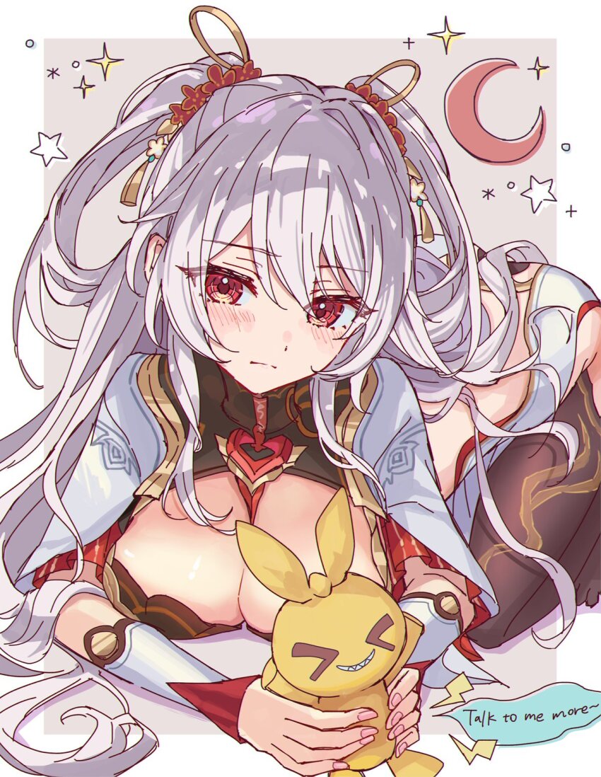 1girl blush breasts cleavage crescent english_text highres holding holding_stuffed_toy homu_(honkai_impact) honkai_(series) honkai_impact_3rd kneeling long_hair papipiko red_eyes solo stuffed_toy theresa_apocalypse theresa_apocalypse_(luna_kindred) theresa_apocalypse_(lunar_vow:_crimson_love) theresa_apocalypse_(redolent_in_red) very_long_hair white_hair