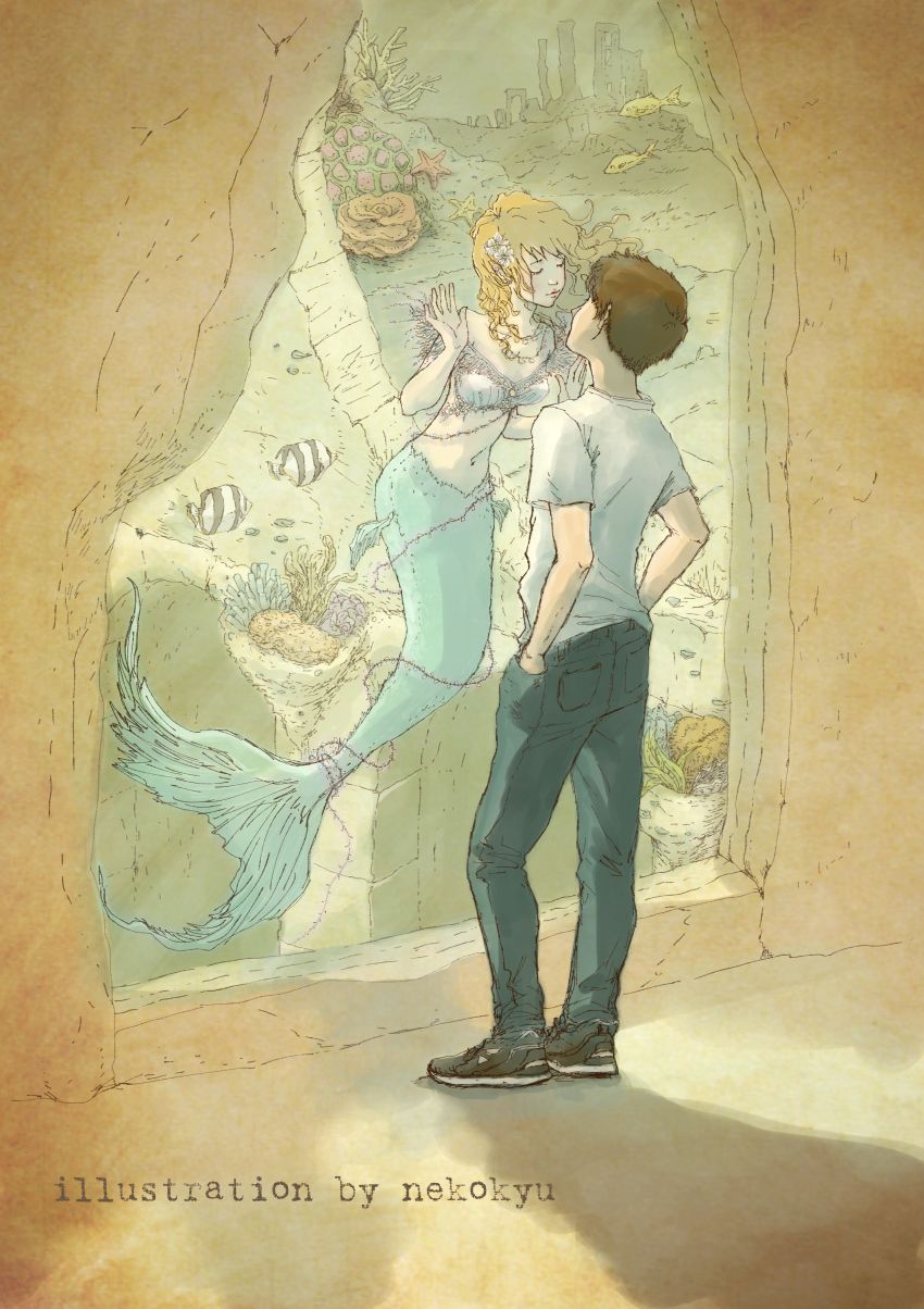 1boy 1girl absurdres air_bubble blonde_hair blush breasts brown_hair bubble commentary coral denim drill_hair drill_sidelocks fish hands_in_pockets highres japanese_clothes jeans kimono kissing_glass kneeless_mermaid long_hair mermaid monster_girl nekokyutb original pants pearls shirt sidelocks tetra_(fish) underwater white_shirt