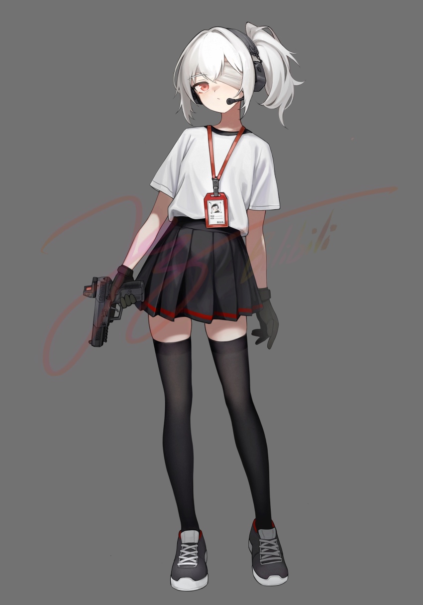 1girl absurdres bandage_over_one_eye bandages black_footwear black_gloves black_skirt black_thighhighs breasts chinese_commentary closed_mouth dated_commentary fn_five-seven gloves grey_background gun handgun headset highres holding holding_gun holding_weapon id_card jerry_wang lanyard medium_hair one_side_up optical_sight original pink_eyes pleated_skirt red_trim shirt shirt_tucked_in shoes short_sleeves signature simple_background skindentation skirt small_breasts sneakers standing thighhighs trigger_discipline weapon white_hair white_shirt