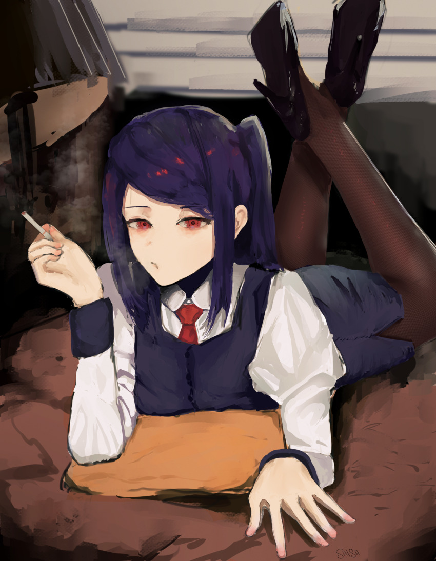 1girl bartender cigarette high_heels highres holding holding_cigarette jill_stingray legs_up looking_at_viewer lying necktie on_stomach pantyhose parody pencil_skirt poster_parody pulp_fiction purple_hair purple_vest red_eyes salsa_dance signature skirt smoke smoke_trail swept_bangs twintails va-11_hall-a vest