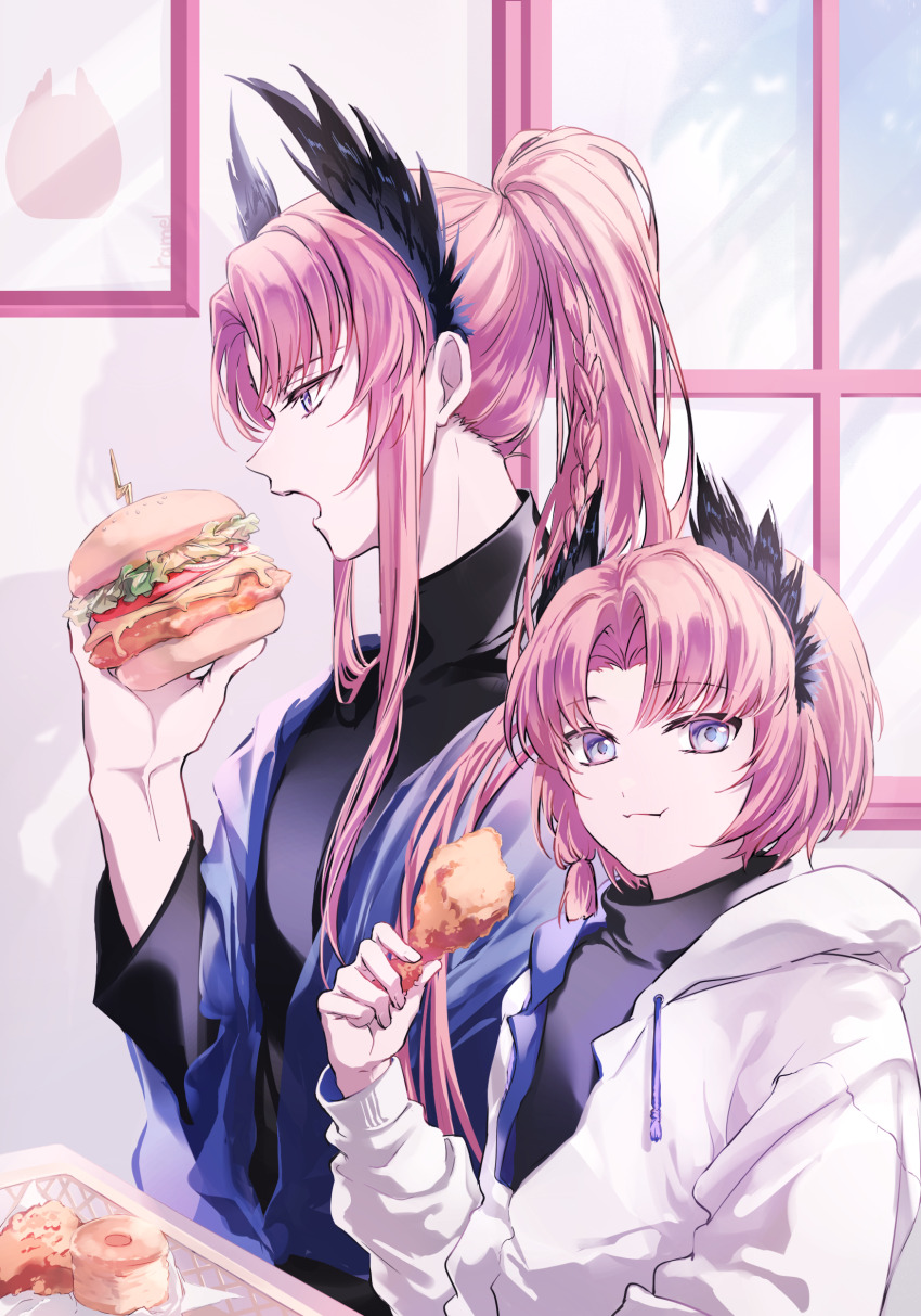 2boys aged_down arknights artist_name black_shirt braid burger chewing chicken_(food) chicken_wing closed_mouth commentary commentary_request drawstring dual_persona eating english_commentary food fried_chicken hair_intakes highres holding holding_food hood hood_down hooded_jacket indoors jacket long_hair long_sleeves male_focus mixed-language_commentary multiple_boys open_mouth parted_bangs passenger_(arknights) picture_frame pink_hair profile purple_eyes ramel shirt short_hair signature smile turtleneck turtleneck_shirt upper_body white_jacket window
