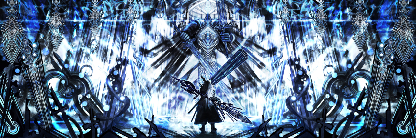 1girl absurdres fighting_stance from_behind highres holding holding_weapon horns huge_weapon indoors long_hair monster original riz_kira single_horn solo standing sword weapon wide_shot