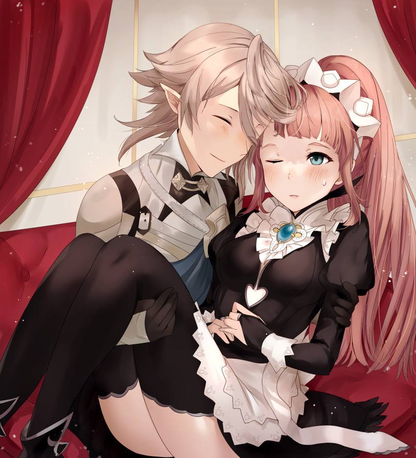 1boy 1girl absurdres apron armor black_dress black_gloves black_thighhighs blue_eyes blunt_bangs blush breasts bridal_gauntlets carrying center_frills closed_eyes closed_mouth commentary commission corrin_(fire_emblem) corrin_(male)_(fire_emblem) dress english_commentary feather_trim felicia_(fire_emblem) fire_emblem fire_emblem_fates fire_emblem_heroes forehead-to-forehead frills gauntlets gloves grey_hair hair_between_eyes hand_on_another&#039;s_thigh haru_(nakajou-28) heads_together high_ponytail highres juliet_sleeves long_hair long_sleeves maid maid_headdress medium_breasts nintendo nohrian_maid_uniform one_eye_closed parted_lips pink_hair pointy_ears ponytail princess_carry puffy_sleeves second-party_source short_hair sidelocks sitting smile sweatdrop thighhighs variant_set waist_apron white_apron